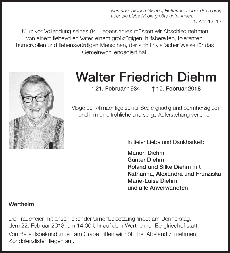  Traueranzeige für Walter Friedrich Diehm vom 14.02.2018 aus Fränkische Nachrichten