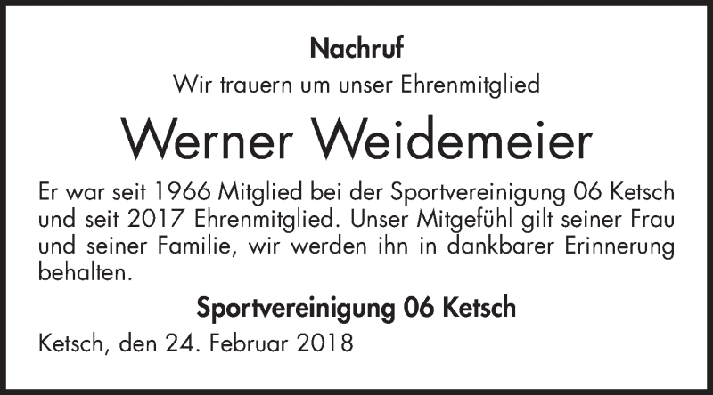  Traueranzeige für Werner Weidemaier vom 24.02.2018 aus Schwetzinger Zeitung