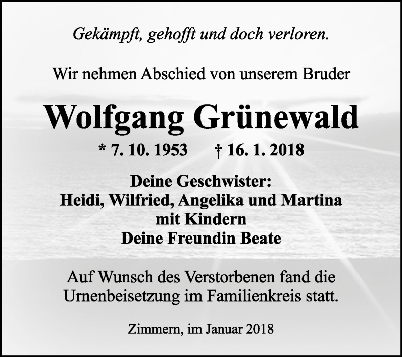  Traueranzeige für Wolfgang Grünewald vom 27.01.2018 aus Fränkische Nachrichten