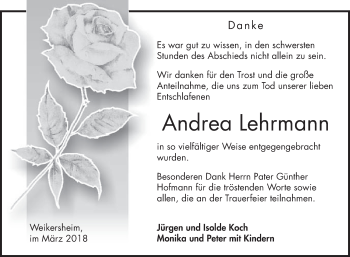 Traueranzeige von Andrea Lehrmann von Fränkische Nachrichten