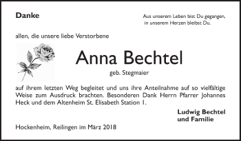 Traueranzeige von Anna Bechtel von Schwetzinger Zeitung