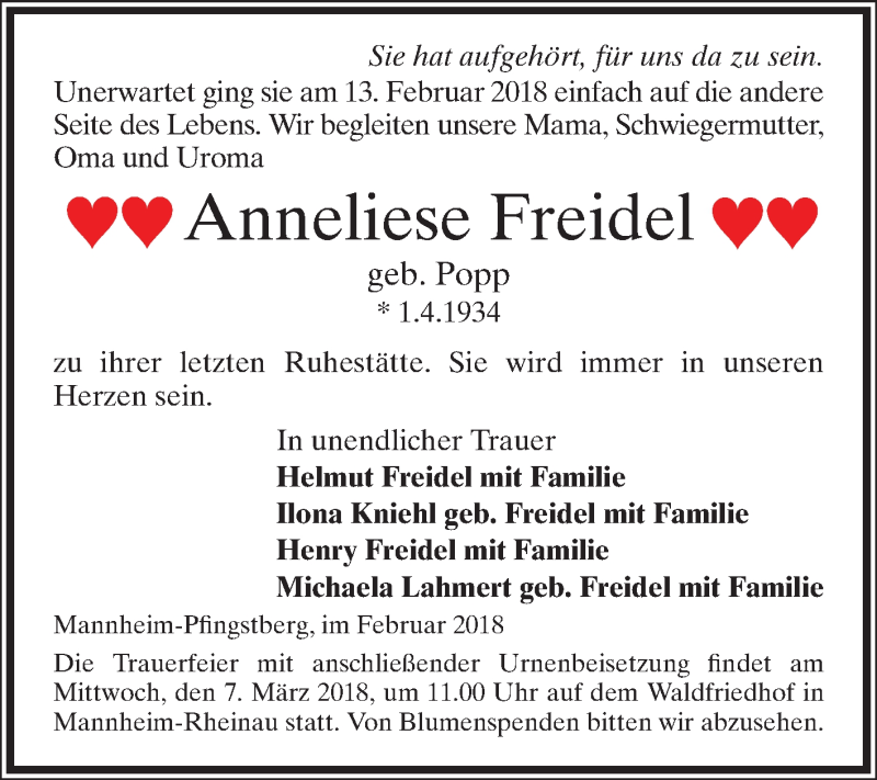  Traueranzeige für Anneliese Freidel vom 02.03.2018 aus Mannheimer Morgen