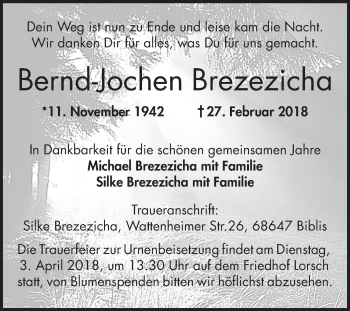 Traueranzeige von Bernd-Jochen Brezezicha von Bergsträßer Anzeiger
