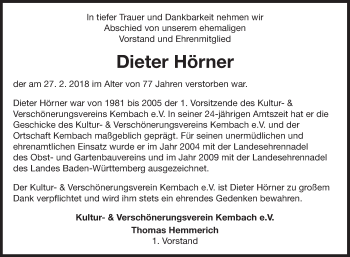 Traueranzeige von Dieter Hörner von Fränkische Nachrichten