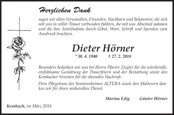 Traueranzeige von Dieter Hörner von Fränkische Nachrichten