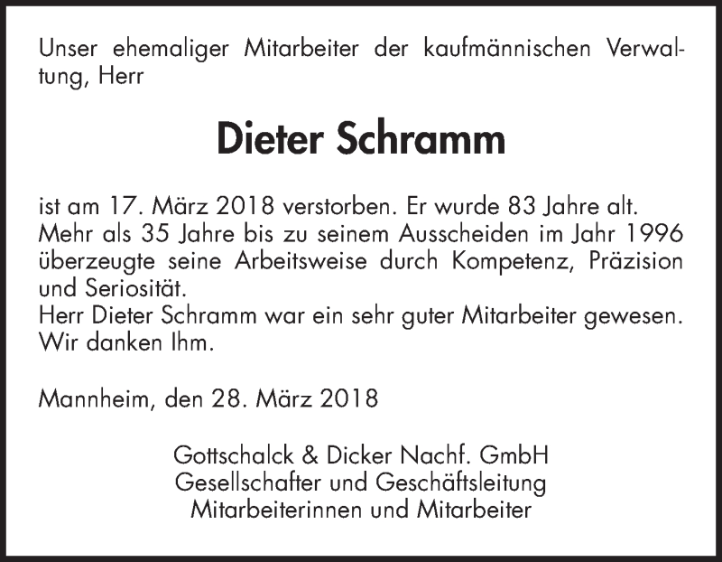  Traueranzeige für Dieter Schramm vom 28.03.2018 aus Mannheimer Morgen