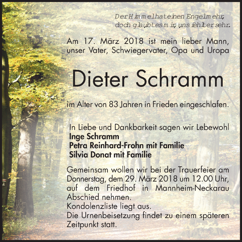  Traueranzeige für Dieter Schramm vom 24.03.2018 aus Mannheimer Morgen