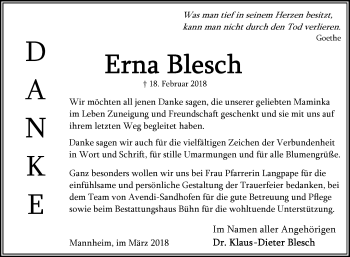 Traueranzeige von Erna Blesch von Mannheimer Morgen