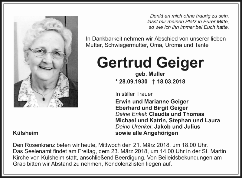 Traueranzeigen von Gertrud Geiger | Trauerportal Ihrer Tageszeitung