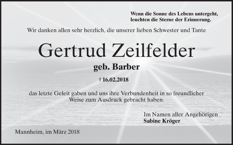  Traueranzeige für Gertrud Zeilfelder vom 17.03.2018 aus Mannheimer Morgen