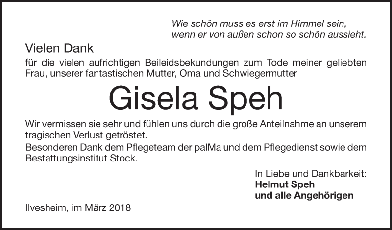  Traueranzeige für Gisela Speh vom 10.03.2018 aus Mannheimer Morgen