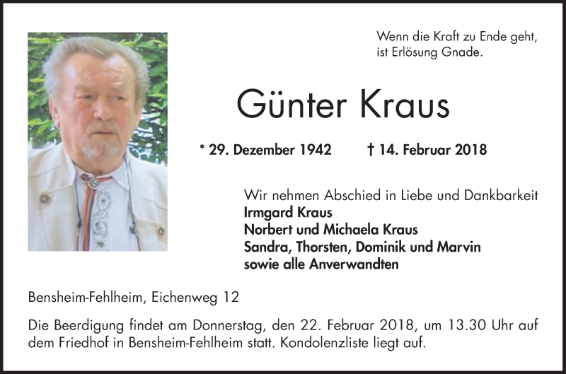  Traueranzeige für Günter Kraus vom 20.02.2018 aus Bergsträßer Anzeiger