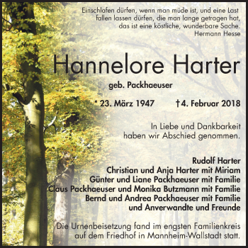 Traueranzeige von Hannelore Harter von Mannheimer Morgen