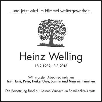 Traueranzeige von Heinz Welling von Mannheimer Morgen