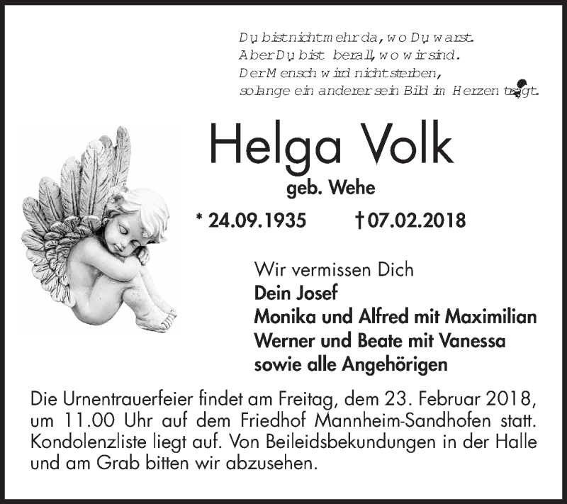  Traueranzeige für Helga Volk vom 20.02.2018 aus Mannheimer Morgen