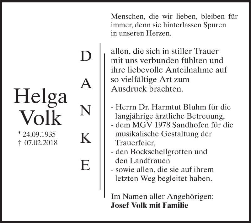  Traueranzeige für Helga Volk vom 24.03.2018 aus Mannheimer Morgen