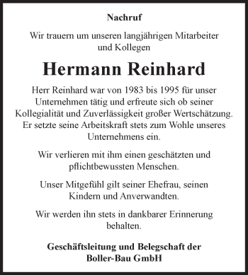 Traueranzeige von Hermann Reinhard von Fränkische Nachrichten