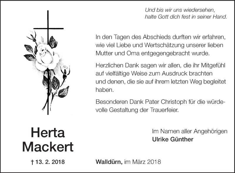 Traueranzeige für Herta Mackert vom 17.03.2018 aus Fränkische Nachrichten