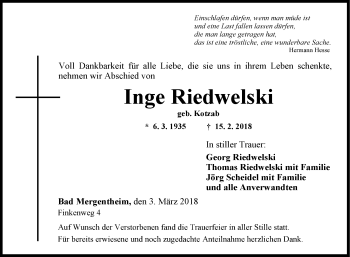 Traueranzeige von Inge Riedwelski von Fränkische Nachrichten