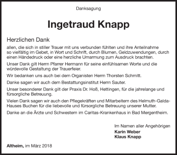 Traueranzeige von Ingetraud Knapp von Fränkische Nachrichten