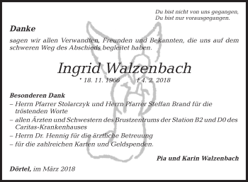 Traueranzeige von Ingrid Walzenbach von Fränkische Nachrichten