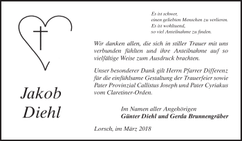 Traueranzeige von Jakob Diehl von Bergsträßer Anzeiger