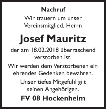 Traueranzeige von Josef Mauritz von Schwetzinger Zeitung
