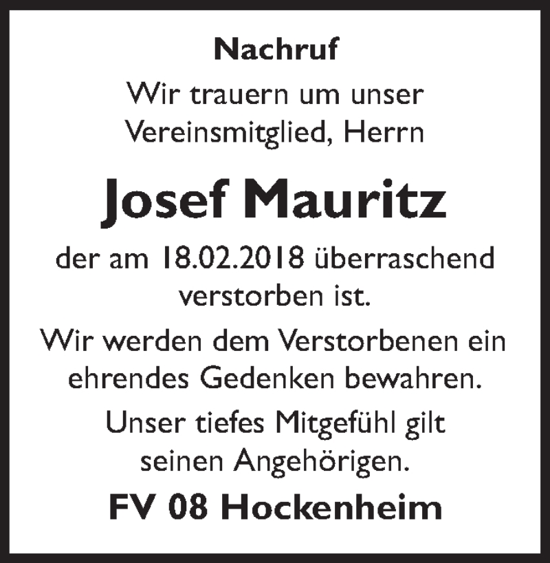  Traueranzeige für Josef Mauritz vom 03.03.2018 aus Schwetzinger Zeitung