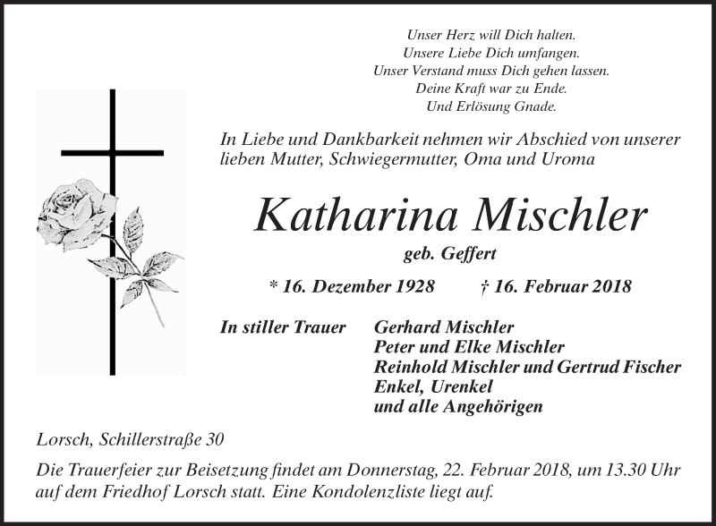  Traueranzeige für Katharina Mischler vom 20.02.2018 aus Bergsträßer Anzeiger