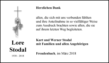 Traueranzeige von Lore Stodal von Fränkische Nachrichten