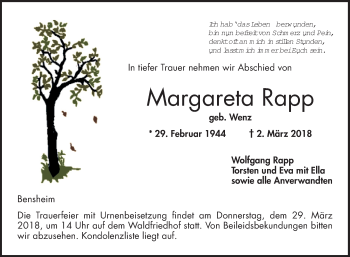 Traueranzeige von Margareta Rapp von Bergsträßer Anzeiger