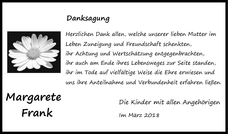  Traueranzeige für Margarete Frank vom 09.03.2018 aus Fränkische Nachrichten