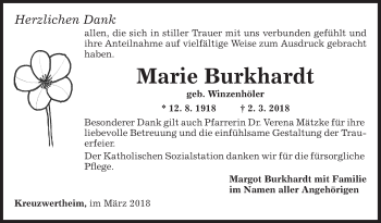 Traueranzeige von Marie Burkhardt von Fränkische Nachrichten