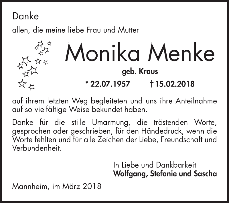 Traueranzeige für Monika Menke vom 03.03.2018 aus Mannheimer Morgen