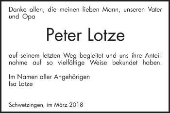 Traueranzeige von Peter Lotze von Schwetzinger Zeitung