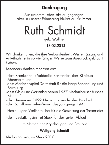 Traueranzeige von Ruth Schmidt von Mannheimer Morgen