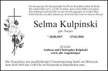 Traueranzeige von Selma Kulpinski von Schwetzinger Zeitung