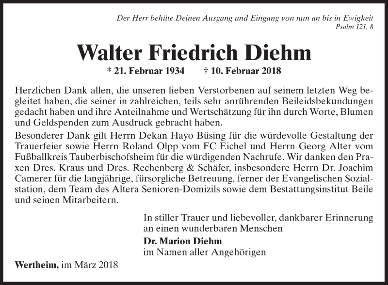  Traueranzeige für Walter Friedrich Diehm vom 10.03.2018 aus Fränkische Nachrichten