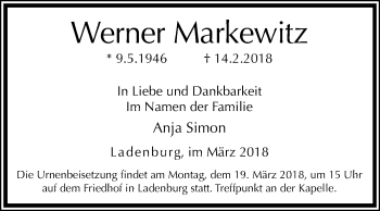 Traueranzeige von Werner Markewitz von Mannheimer Morgen