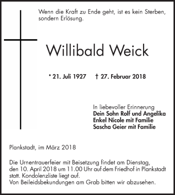 Traueranzeige von Willibald Weick von Schwetzinger Zeitung