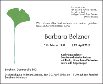 Traueranzeige von Barbara Belzner von Bergsträßer Anzeiger