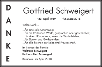 Traueranzeige von Gottfried Schweigert von Bergsträßer Anzeiger