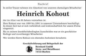 Traueranzeige von Heinrich Kohout von Fränkische Nachrichten