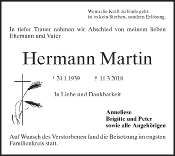 Traueranzeige von Hermann Martin von Schwetzinger Zeitung