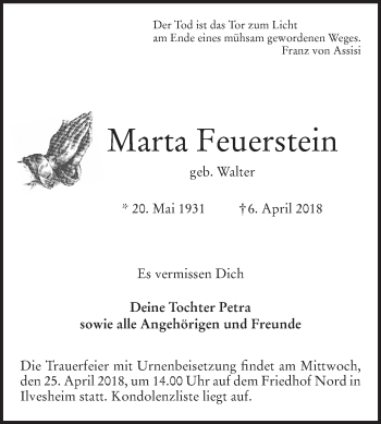 Traueranzeige von Marta Feuerstein von Mannheimer Morgen