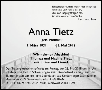 Traueranzeige von Anna Tietz von Schwetzinger Zeitung