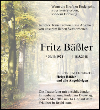Traueranzeige von Fritz Bäßler von Schwetzinger Zeitung