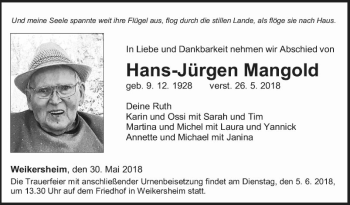 Traueranzeige von Hans-Jürgen Mangold von Fränkische Nachrichten