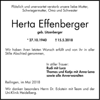 Traueranzeige von Herta Effenberger von Schwetzinger Zeitung