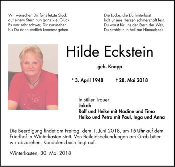 Traueranzeige von Hilde Eckstein von Bergsträßer Anzeiger